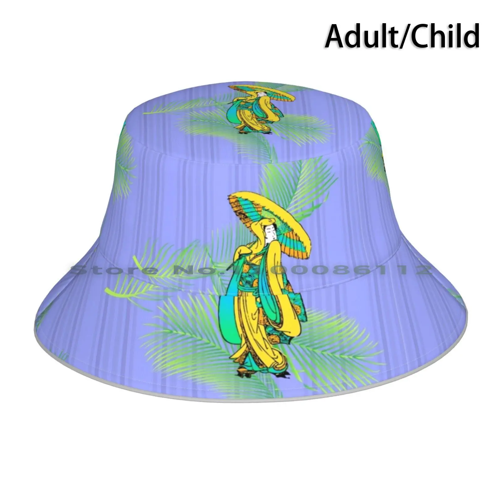 Geisha Tropicale Bucket Hat Sun Cap Tropical Leaves Lavender Stripe Geisha Parasol Green Foldable Outdoor Fisherman Hat