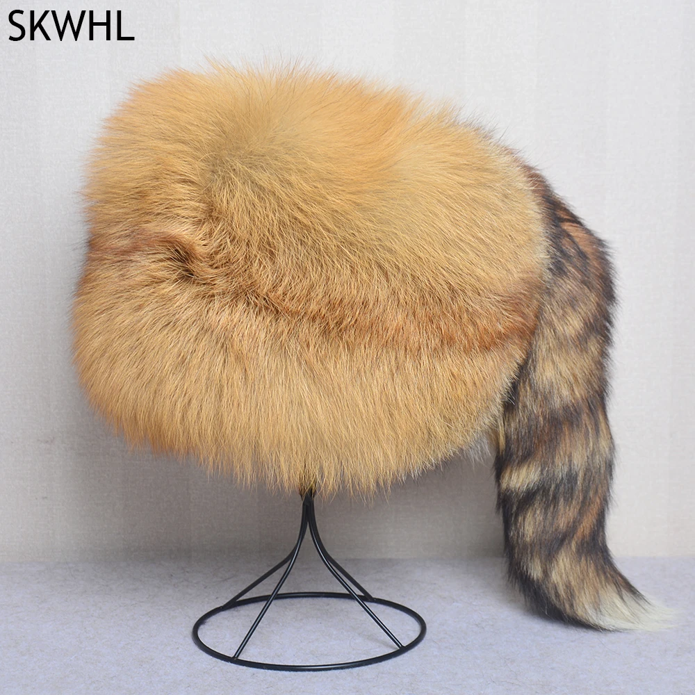 Men Real Fox Fur Beanies Hat Mongolian Hat Unique Process Fox Tail Design Luxury Winter Warm Hats For Fashion Men Bomber Hat