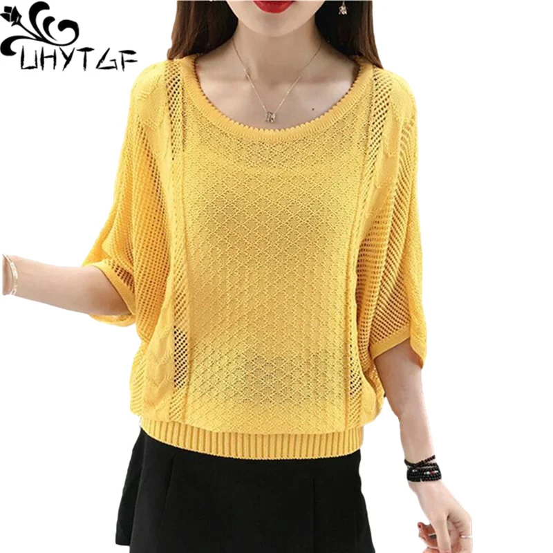 UHYTGF Knitted Pullover Summer Sweaters Womens Ice Silk Hollow Elegant Female Thin Tops Pure Color Wild Loose Short Sweater 1293