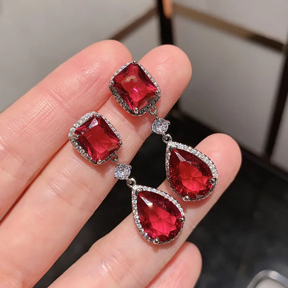 2021 Trend Charms Paraiba Tourmaline Ruby Gemstone Drop Earrings for Women High Carbon Diamond Wedding Party Jewelry Female Gift