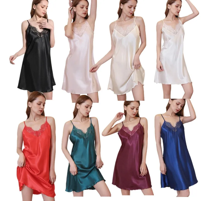 Wholesale Lace Nightgown Women Homen Dressing Gown Sexy Spaghetti Strap Nightdress Satin Sleepear Nightwear Sleep Dress T95