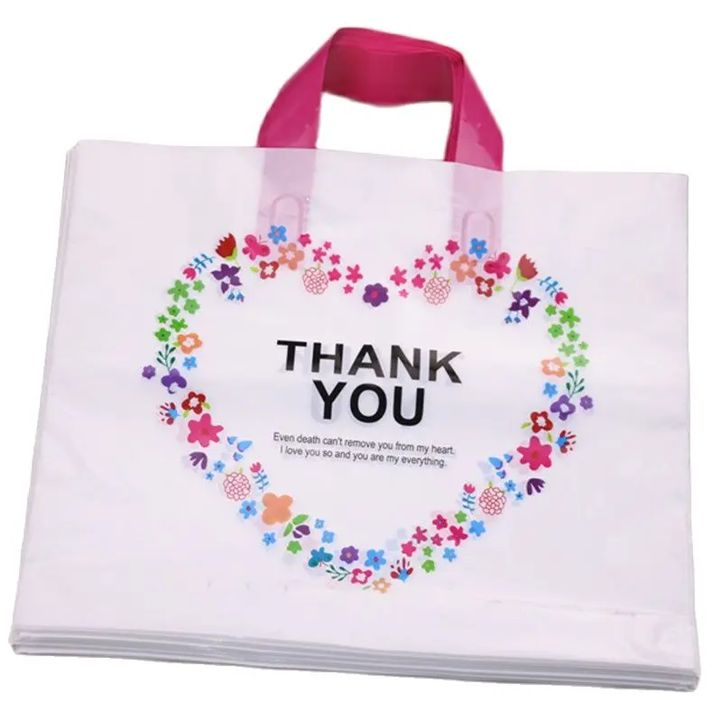 High-density Polythylene Eco-friendly Casamento Packing Bags With Heart 10pcs/lot 29*35cm Thank You Plastic Bags With Handles