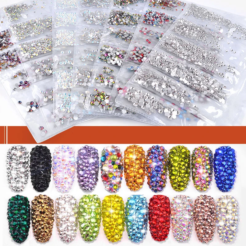 50 Colors SS3-SS10 Mix Sizes Crystal Glass Non Hotfix Rhinestones Glitter Strass Nail Art Rhinestone for Nail Art Decorations
