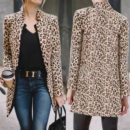 ขายร้อนแฟชั่น OL ทำงานสวมใส่กลางความยาวเสื้อแจ็คเก็ต Vintage Leopard พิมพ์เสื้อผู้หญิงเสื้อฤดูใบไม้ร่วงแขนยาวเซ็กซี่เสื้อ