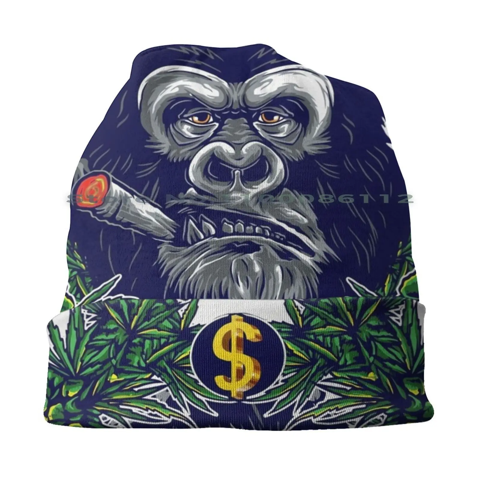 Smoking Gorilla Beanies Knit Hat Smoke Animal Cigarette Weed Gorilla Face Black Chimpanzee Jungle Primate Gangsta Ganja Get