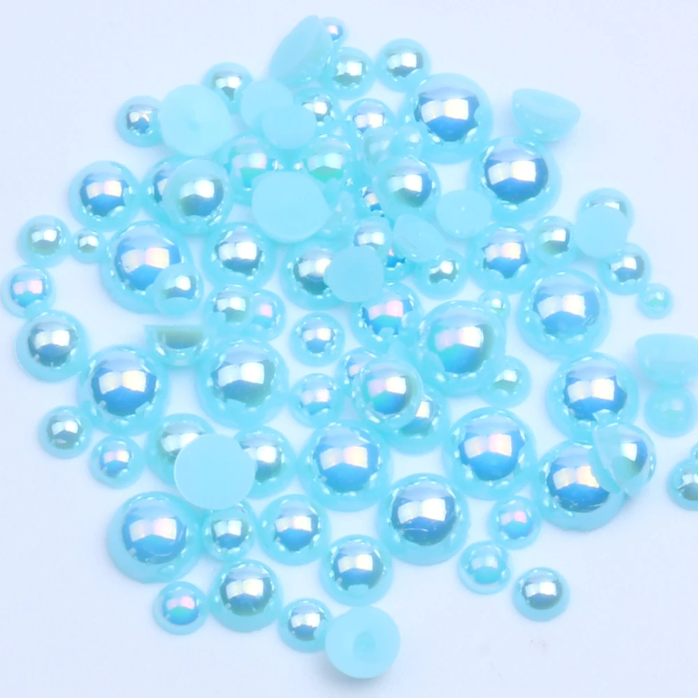 Aquamarine AB Half Round Resin Pearls 2-12mm And Mixed Sizes Imitation Flatback Glue On Beads DIY Jewelry Making