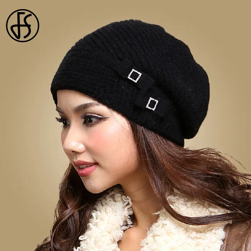 FS Winter Hat For Women Beanies Hats Rabbit Fur Black Wool Knitted Caps Skullies Elegant Casual Solid Bonnet 2020 Gorros Mujer