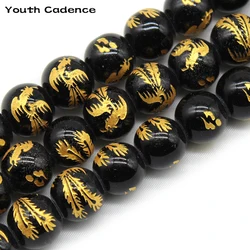 Black Agates Stone Beads  10mm 12mm with Carving Gold Dragon  Fashion Beads For Jewelry Making DIY Bracelet Necklace 15