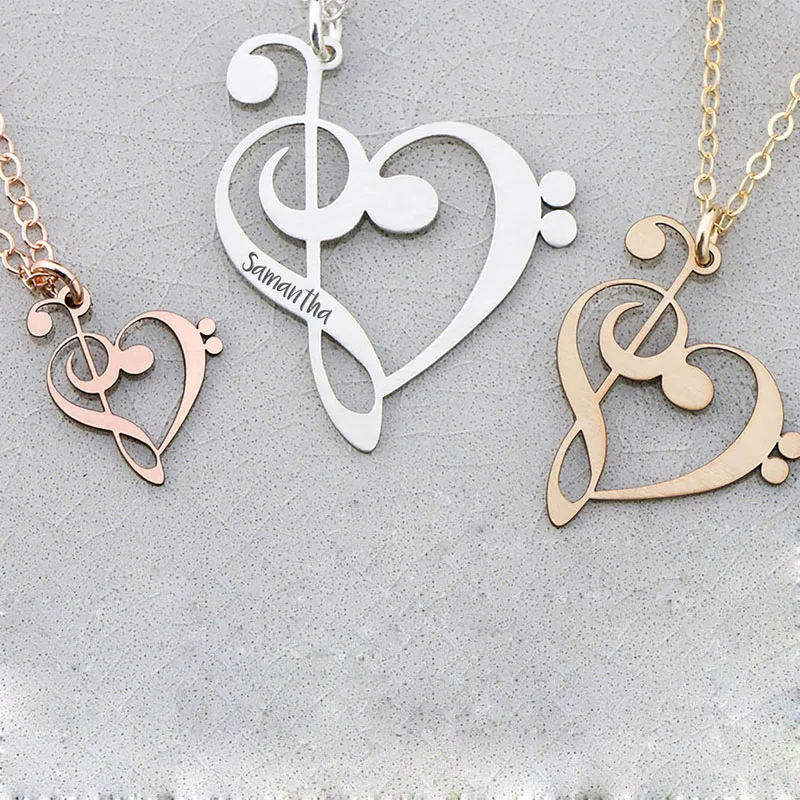 Custom Name Necklace Stainless Steel Music Note Necklace Fashion Band Jewelry Treble Bass Clef Pendant Music Teacher Gift