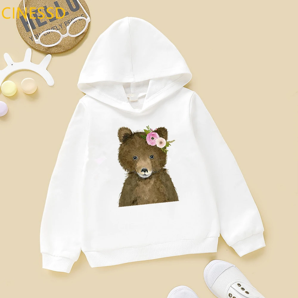 Cute Hoodie Sweater Children Girl Funny Floral Animals Rabbit/Teddy Dog/Alpaca/Horse/Bear/Fox/Penguin Print Sweatshirts Kids