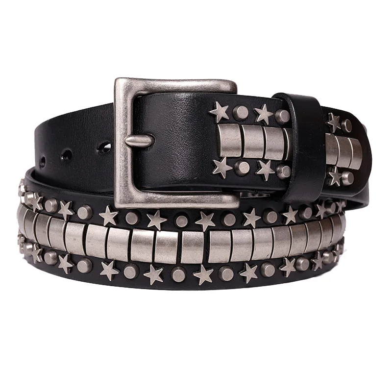 Cowgirl Cowboy Genuine Leather Bling Star Rivet Belt For Western Women Men Ceinture Punk Rivet Punk Pin Buckle Cowhide Belts