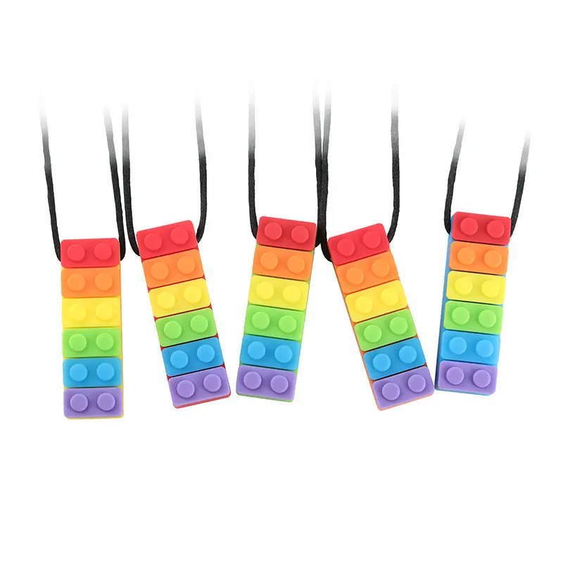 5PCS Rainbow Brick Chew Necklace Baby Silicone Teether Autism Sensory Chew Therapy Tools Kids Chewy Toys