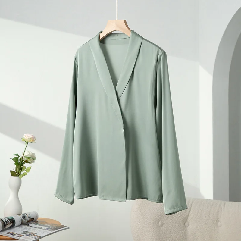 SuyaDream Women Silk Blouses 23mm 93%Silk 7%Spandex Long Sleeves V Neck Shirts 2022 Spring Autumn Office Chic Top Green White