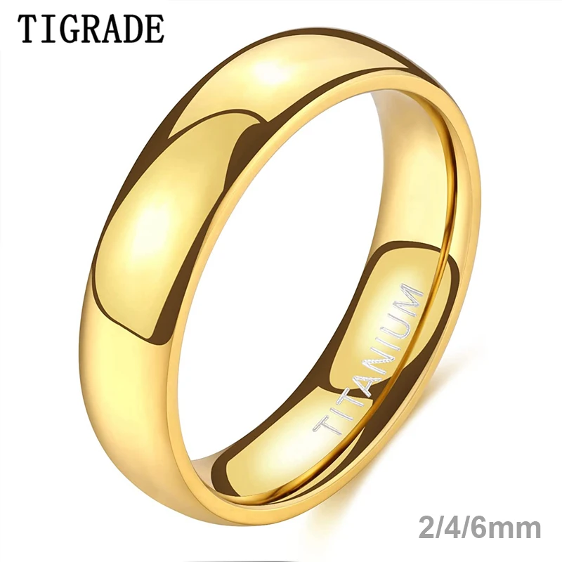 TIGRADE 2mm 4mm 6mm Titanium Ring Men Women 14K Gold Plated Dome High Polished Wedding Band Unisex Comfort Fit Size 3-13.5