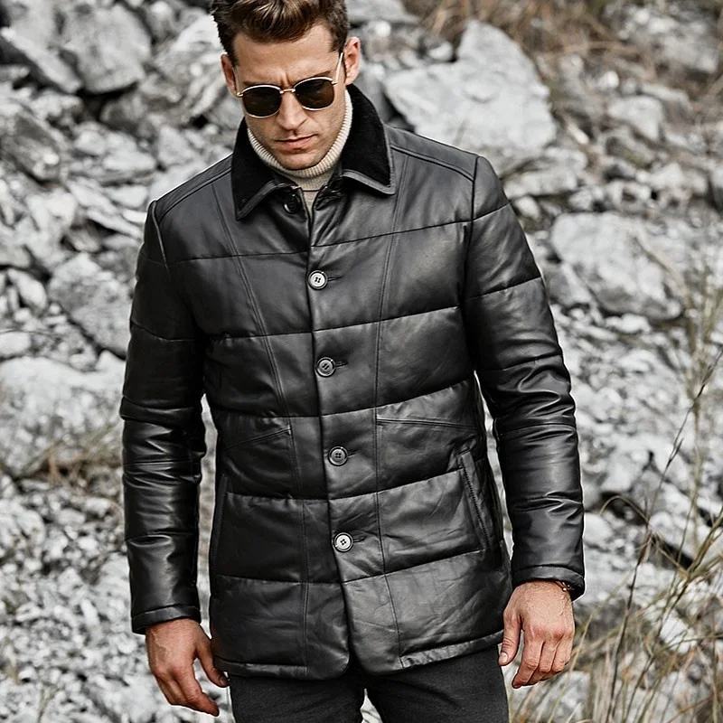 Brand Top Genuine Leather Mens Lapel Slim Fit Down Coats Winter Warm Long Sleeve Single Breasted Sheepskin Jackets Plus Size 6XL