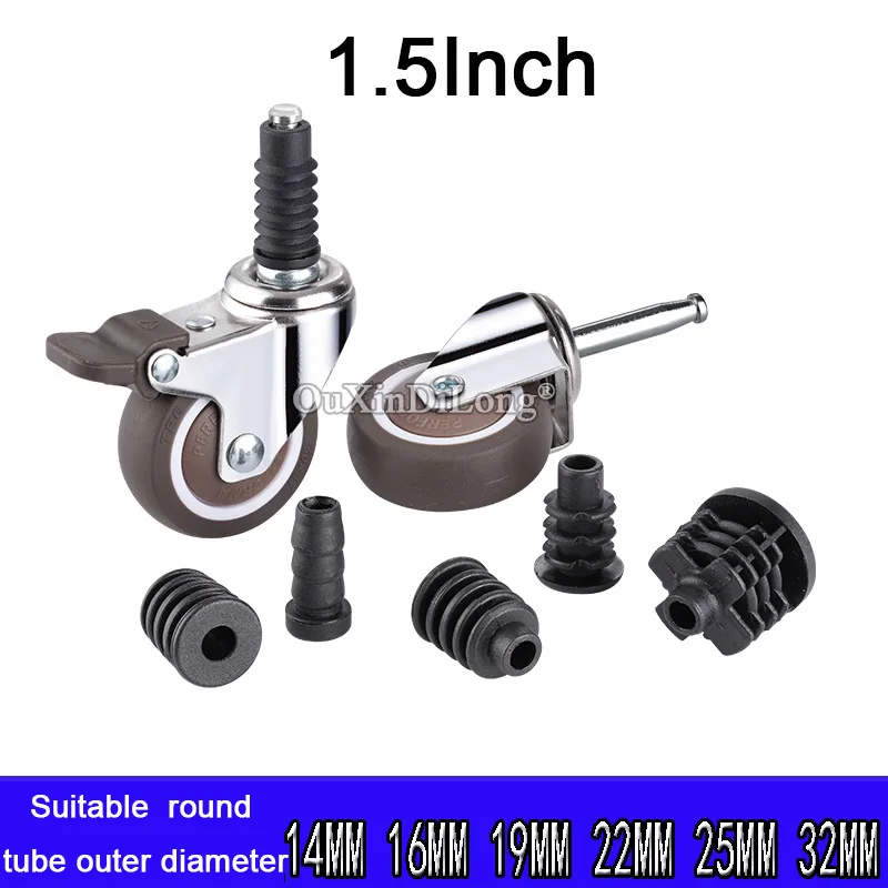 4PCS 1.5Inch Furniture Casters Load 66KG M8*38mm Wheels for Round Tube Mount With Brake Baby Bed Household With Socket GF696