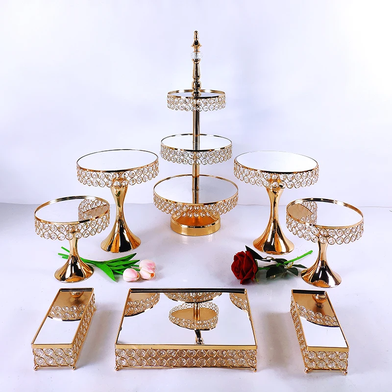 8pcs Crystal Metal Cake Stand Set  Acrylic Mirror Cupcake Decorations Dessert Pedestal Wedding Party Display Tray