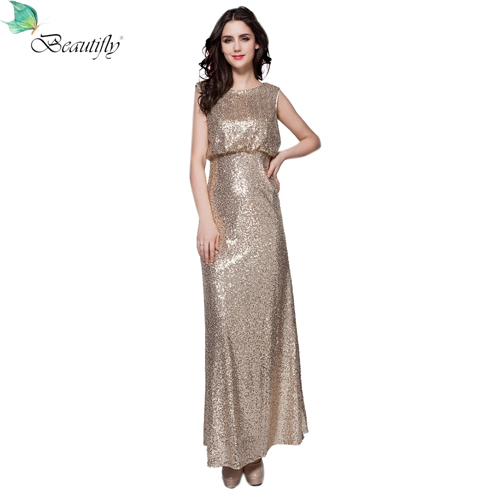 2021 Beautifly Sequin Light Gold Sleeveless Zipper Back Prom Party Women's Long-Length Dresses