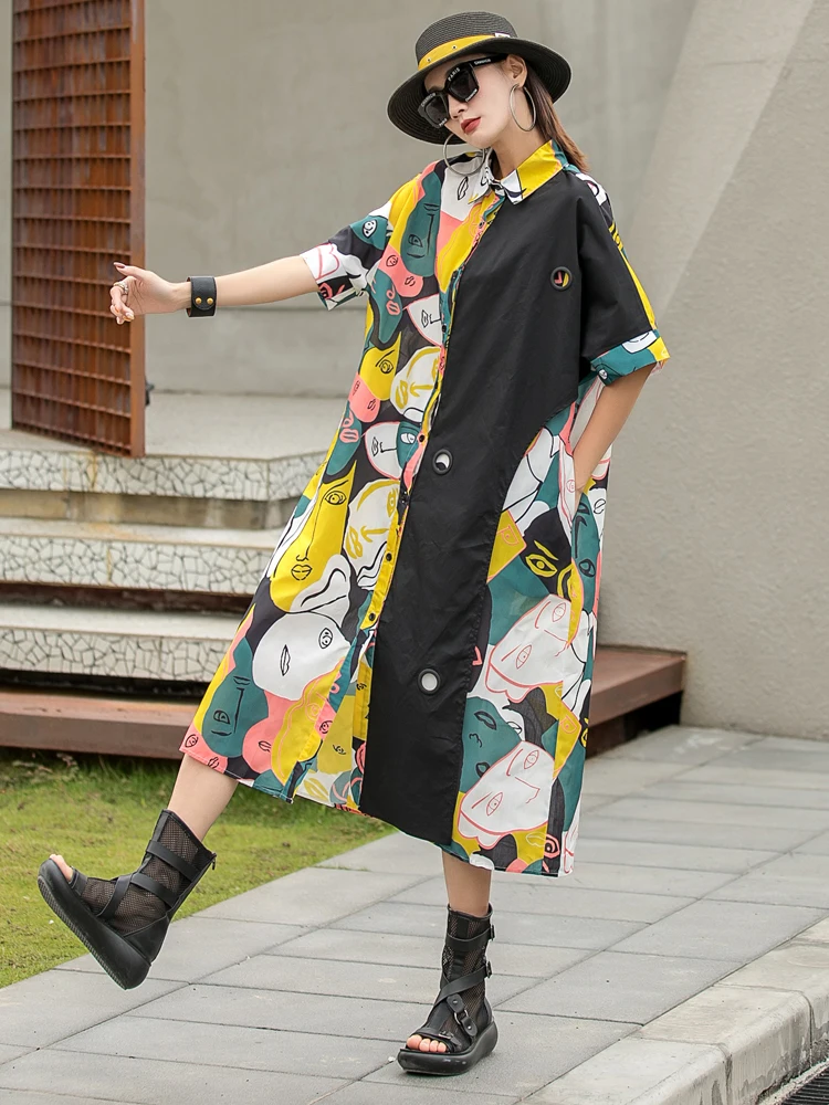 Fashion Character Printed Women Dress 2021 Summer Patchwork Long Dress Women's Lapel Shirt Dress Loose Black  Z642