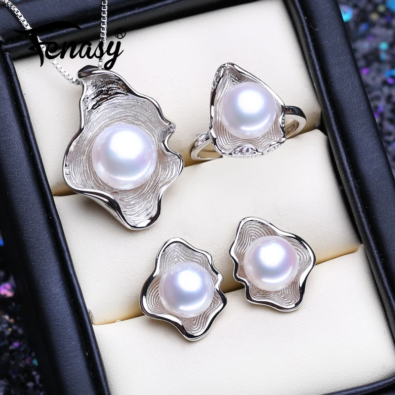 

FENASY 925 Sterling Silver Jewelry Sets Trendy Natural Pearl Pendant Necklaces For Women Stud Earrings Big Pendant Fashion Rings