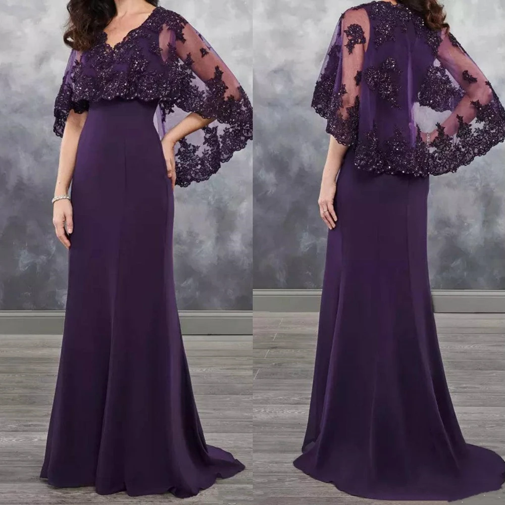 Long Purple Mother of the Bride Dress with Cape Shawl Wrap Sparkly Sequins Lace Wedding Party Mother of the Groom Evening Gowns