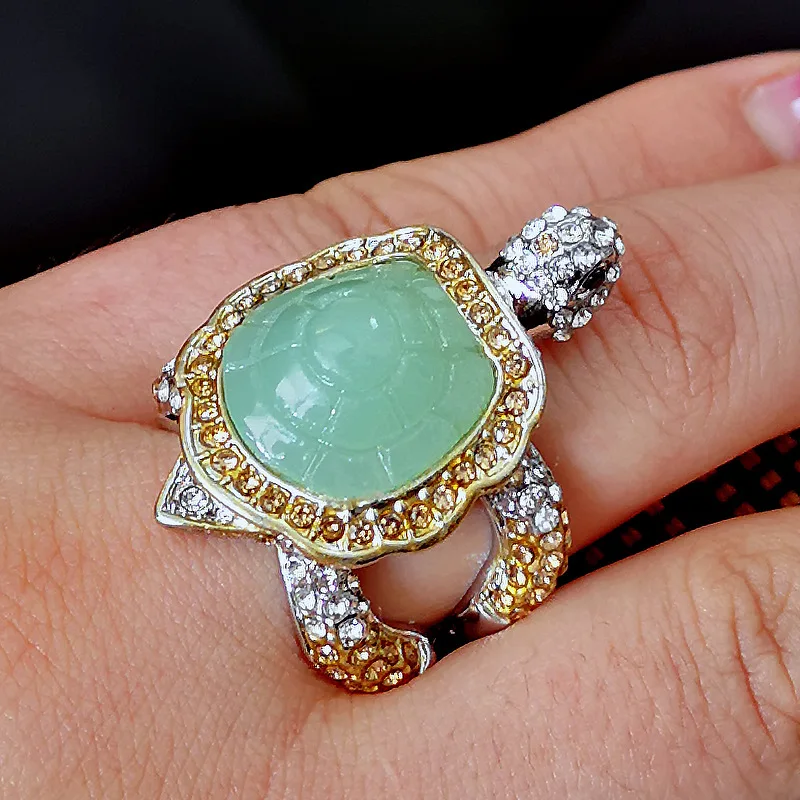 Hot Sale Fashion Cute Turtle Rings Crawl Animal Green Turtle Shell Rhinestone Rings For Women Girl Glamour Jewelry