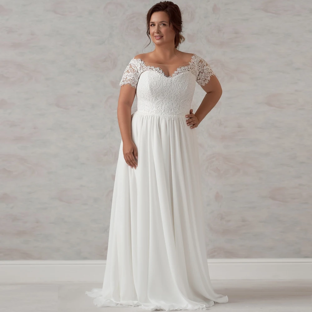 Elegant Plus Size Trouwjurken Chiffon Strand Bruidsjurk Met Kant Lijfje Korte Mouwen Bruid Jurk 2020