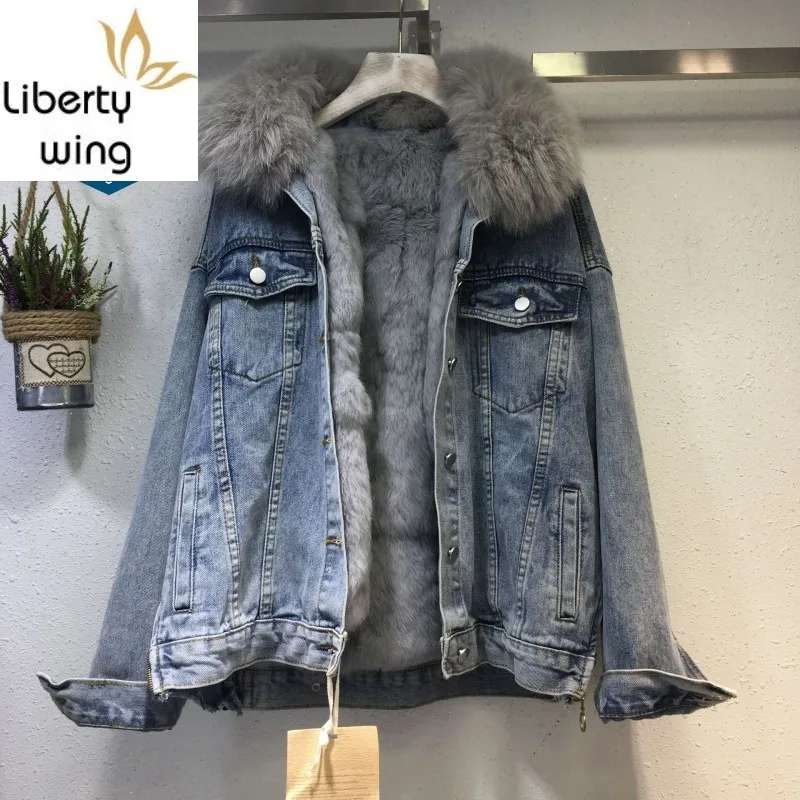 

Winter Warm Thickened Rabbit Wool Liner Female Denim Jackets Fashion Faux Fox Fur Collar Loose Womens Outwear Coats Streetwear