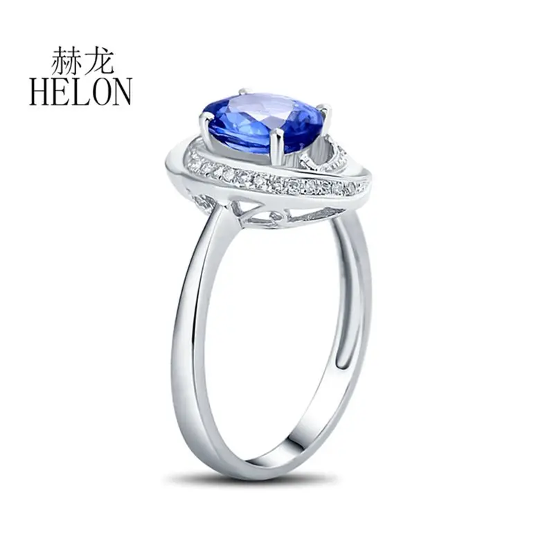 HELON Solido 18k Oro Bianco AU585 Ovale 7x5mm Naturale Blu Zaffiro e Diamanti di Fidanzamento di Cerimonia Nuziale Delle Donne tredny Gioielleria Raffinata Anello