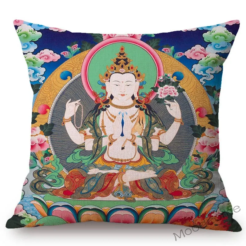 Traditional Buddhism Culture Art Tibet Tangka Colorful Buddha Painting Home Decor Sofa Pillow Case Oriental Art Cushion Cover