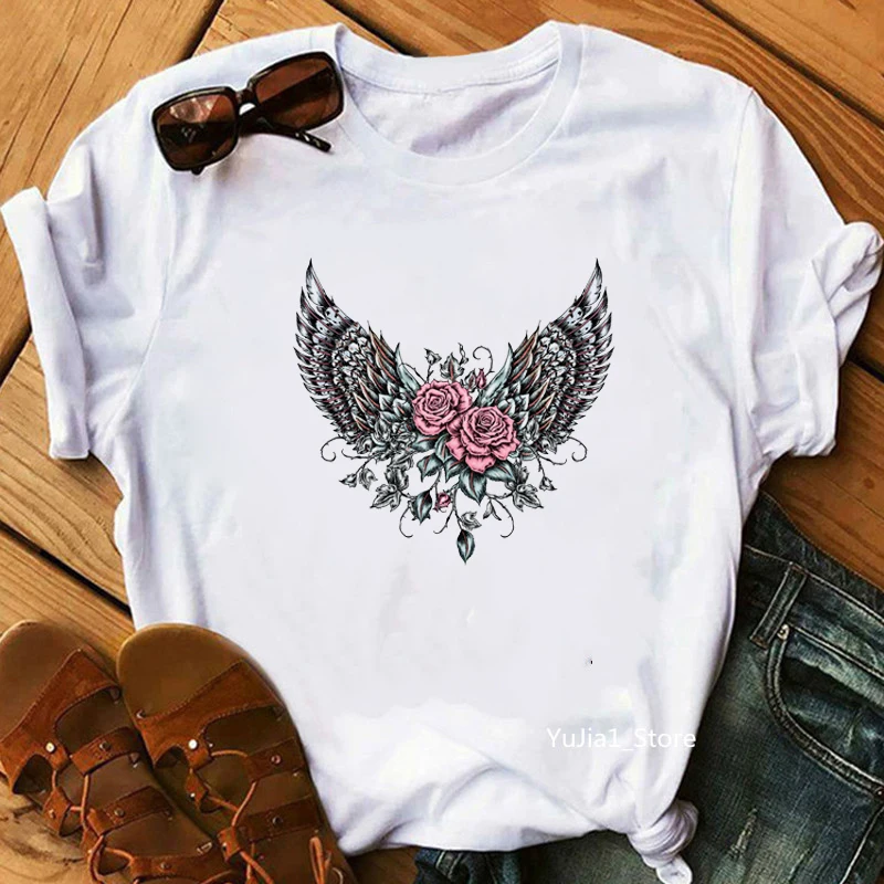 

Vintage Flower Wings Print Tee Shirt Femme Tumblr Tshirt Summmer 2025 New Love Butterflies Feathers Print Female T-Shirt Diy Top