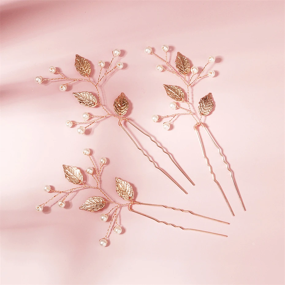 Rose Gold Color Leaf Pearl Hair Pin Wedding Hair Accessories Bridal Clip Head Jewelry for Women Bride Headdress Bridesmaid Gift