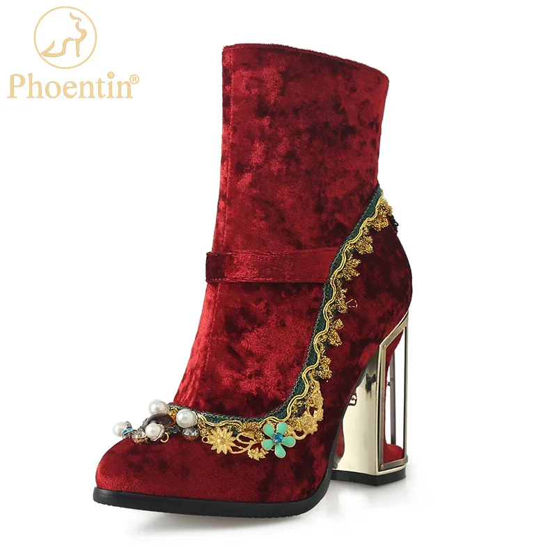 Phoentin Women\'s Wedding Crystal Ankle velvet boots Autumn winter luxury Fretwork super High Heels Rhinestones Shoes FT1670