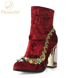 Phoentin Women's Wedding Crystal Ankle velvet boots Autumn winter luxury Fretwork super High Heels Rhinestones Shoes FT1670