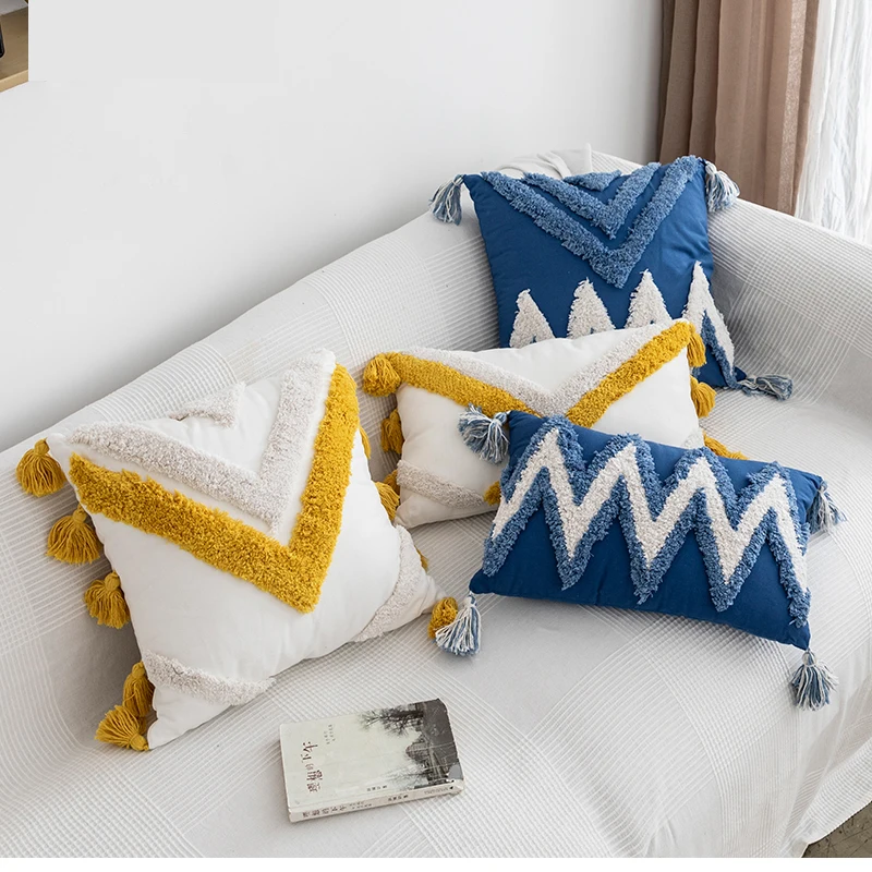 

Handmade Cushion Cover Moroccan Style Abstract Zigzag Navy Blue Pillowcase Tassels Fringe Square Rectangle Pillow Cover 45x45cm/30x50cm Home Decoration Mustard