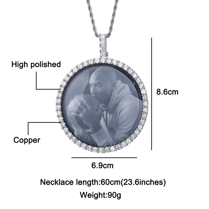 Big Round Custom Photo Medallions Iced Bling AAA Cubic Zirconia Personalized Necklace&Pendant For Men Hip Hop Jewelry Solid Back