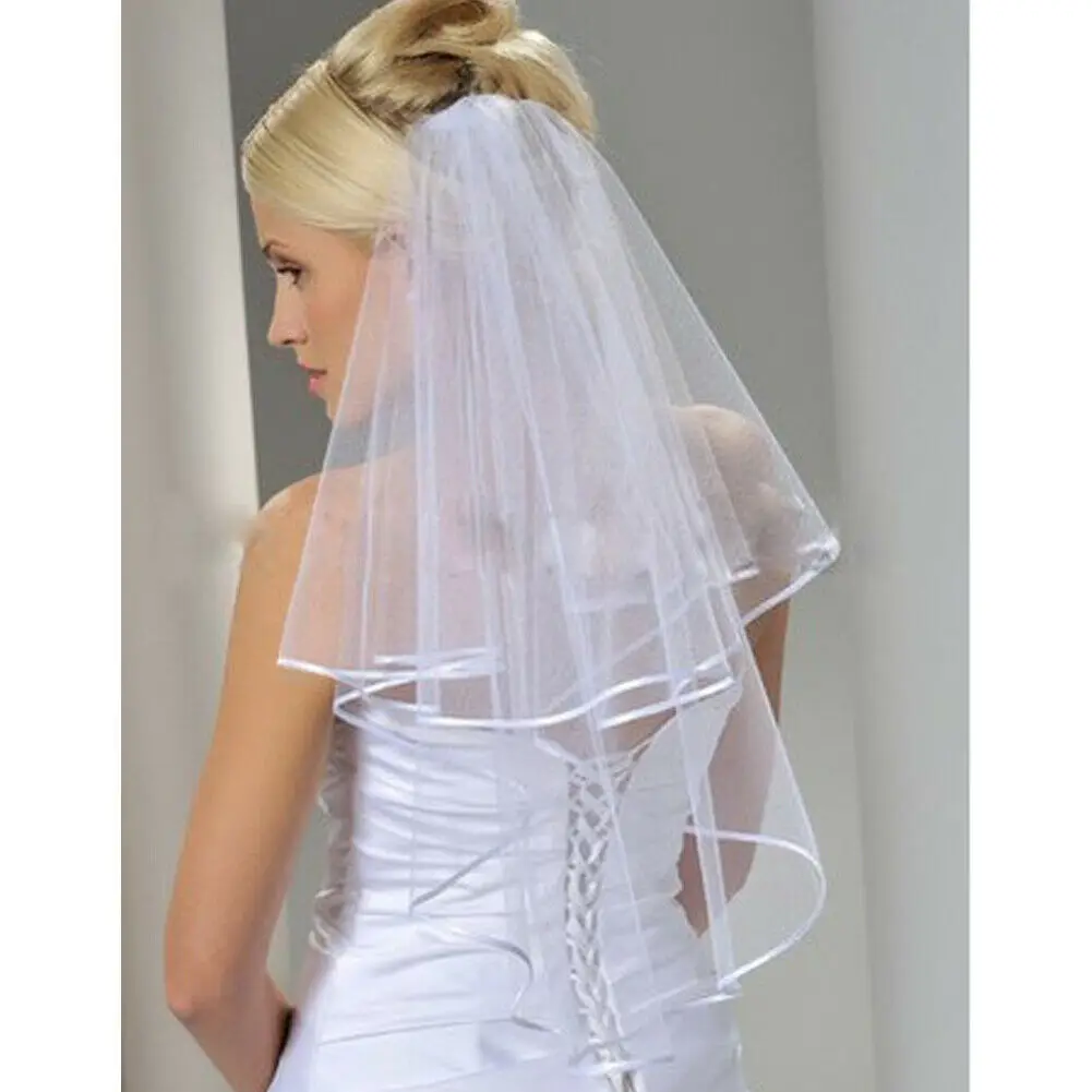 2 Tier White Ivory Cathedral Wedding Veil with Comb Elbow Length Bride