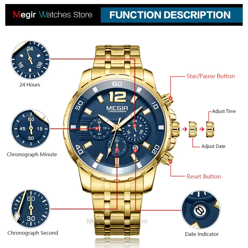 Megir Men\'s Gold Stainless Steel Quartz Watches Business Chronograph Analgue Wristwatch for Man Waterproof Luminous 2068GGD-2N3