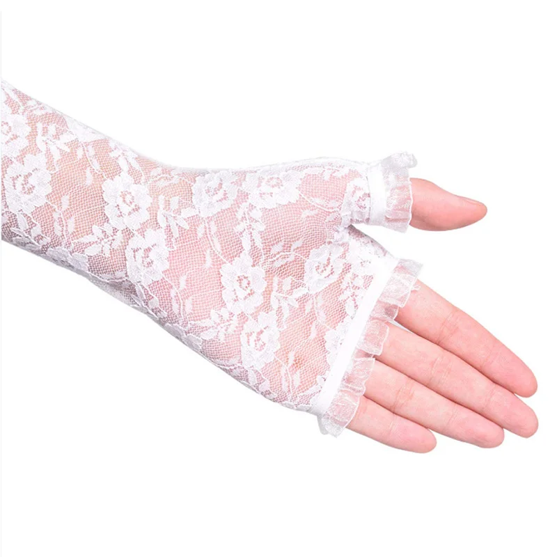 Lange Spitze Hohl-Out Finger Handschuhe Sonnenschutz Ärmeln Mesh Spitze Dünne Radfahren Sexy Zubehör Schwarz Bare Finger Handschuhe