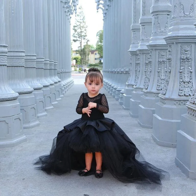 Robes de concours pour filles, à manches longues, noires, pour mère et fille, à fleurs, pour adolescentes, robe de Communion formelle