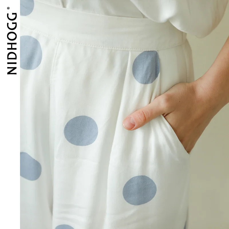 2020 Spring Simple Satin Short Sleeve Trousers Pajamas Suit Blue Dots Printing Pijama Womens Luxury Sexy Clothes White 2 Piece