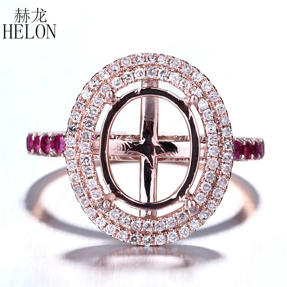 

HELON Oval 7.5x9.5-9x11mm Solid 14K Rose Gold Natural Diamond & Rubies Semi Mount Engagement Ring Women Trendy Fine Jewelry Gift