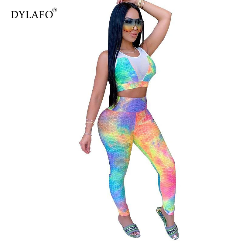 Women fall tie dye mesh splicing print women set sleeveless short top skinny pant suit two piece set sporty tracksuit outfits