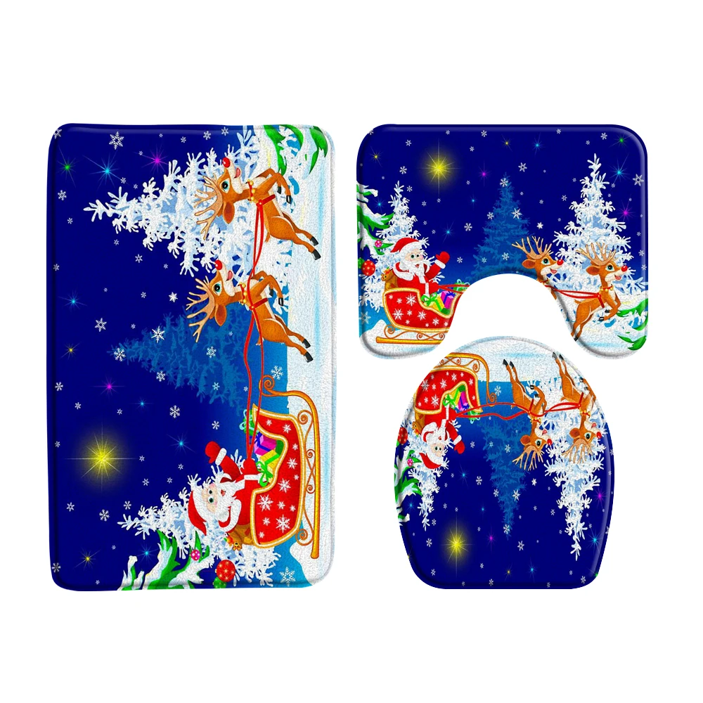 Christmas Decor Bathroom Mat Set Red Christmas Ball New Year Xmas Home Non-slip Carpet Flannel Bath Mats Toilet Lid Rug Door Pad