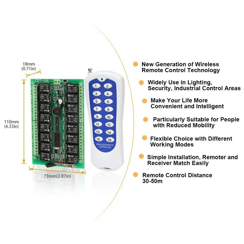 Interruptor de luz momentáneo con Control remoto inalámbrico, interruptor de luz momentáneo DC 12V, 16 canales, 433Mhz, receptor de relé RF con transmisor