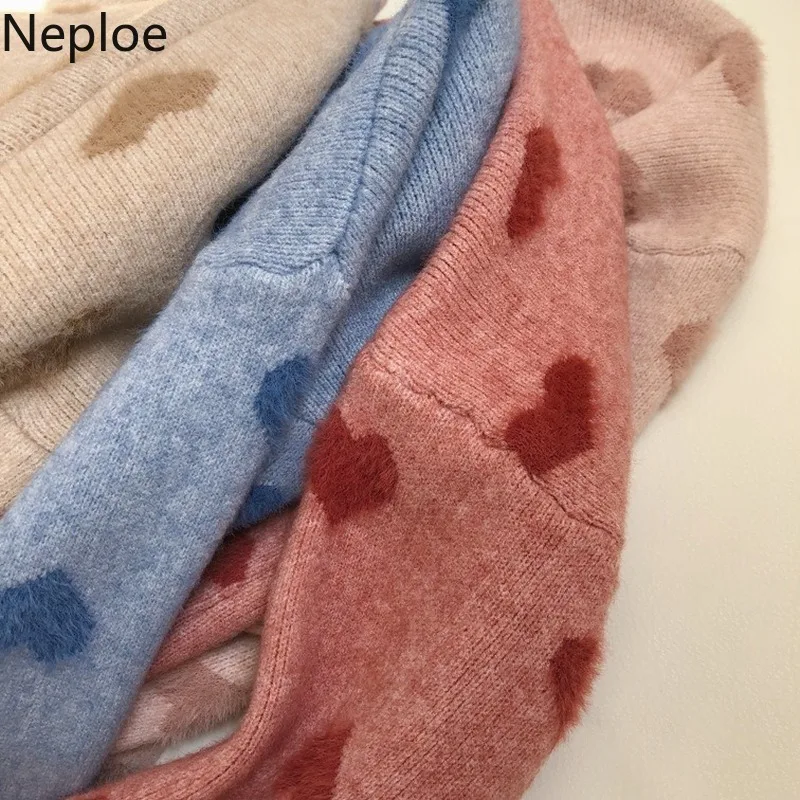 Neploe Imitation Water Velet Print Winter Clothes Pink O Neck Pullover Heart Pattern Sweater Women Warm Long Sleeve Sueter 47733