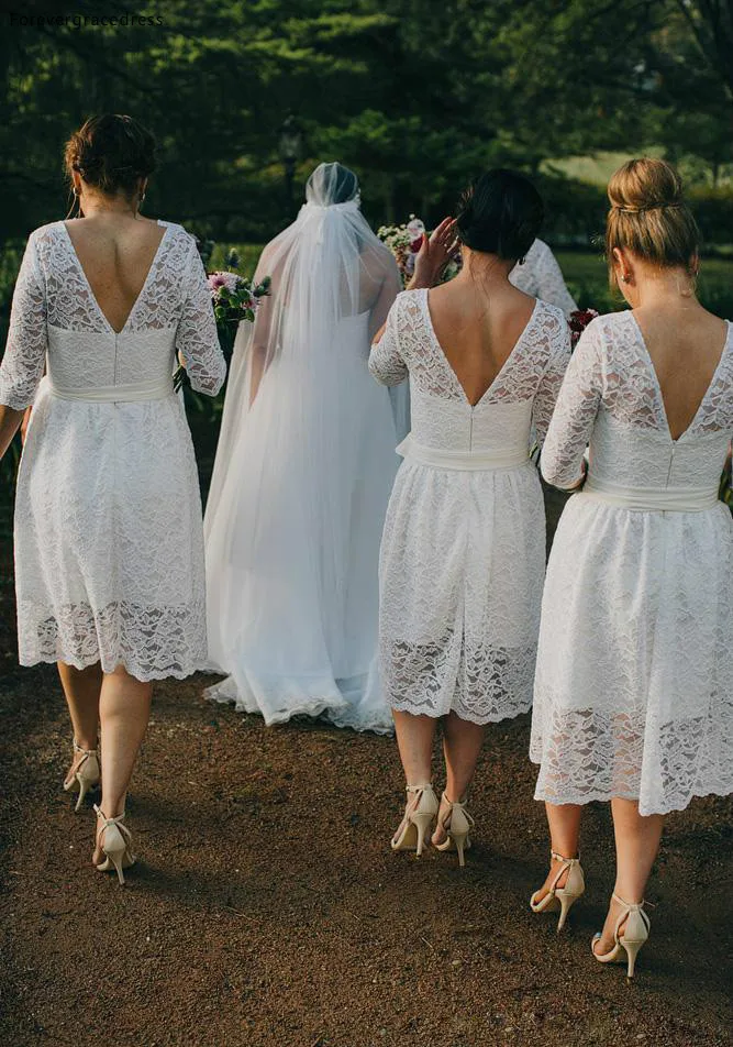 2019 pas cher pleine dentelle robe de demoiselle d'honneur demi manches jardin pays formel fête de mariage invité demoiselle d'honneur robe grande taille