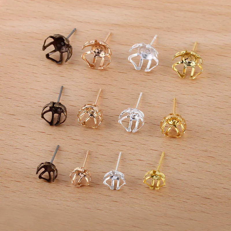 200pcs Studs Earring Post Pins Base 6 8 10mm Round Flower Caps Pearls Stone Base Settings DIY Pearls Earrings Findings