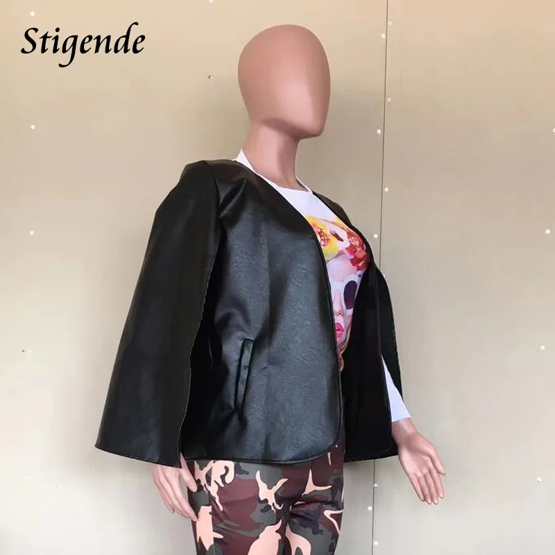 Stigende Sexy Faux Leather Black Cape Blazer Women Casual Pu Leather Blazer Jacket Autumn Elegant Long Sleeve Blazer Top