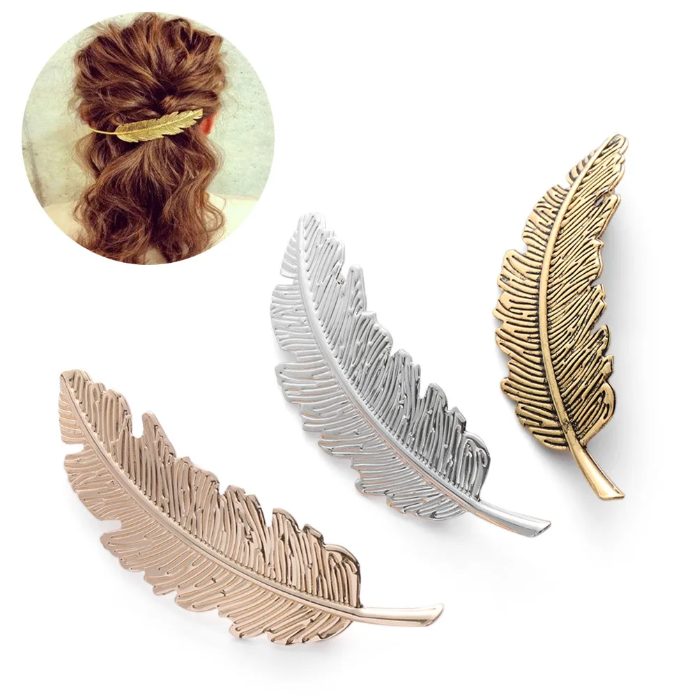 

1Pcs Fashion Metal Leaf Shape Hair Clip Barrettes Crystal Pearl Hairpin Barrette Color Feather Hair Claws Hair Styling Tool